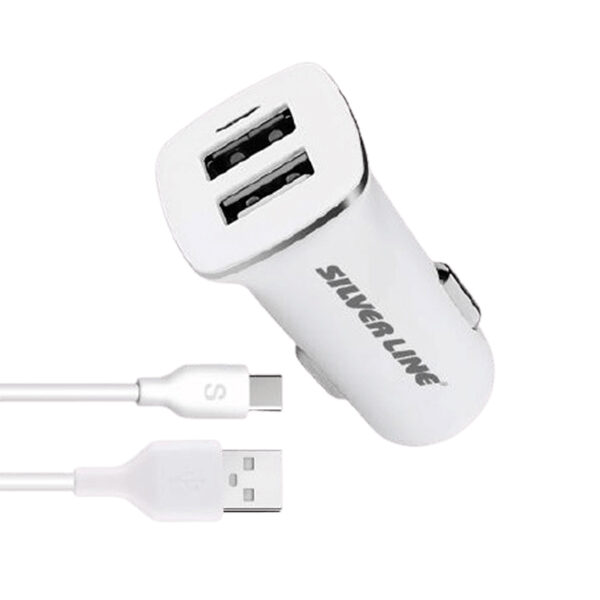 מטען לרכב עם כבל USB Type-C ו-2 יציאות Silver Line Car Charger - Smart - Lab & Mobile